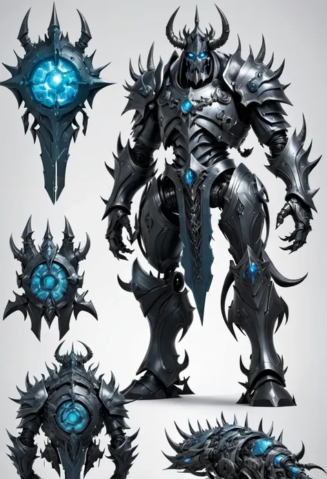 (character design sheet:1.5)，demonic battlefield，mechanical lich king，the lich king&#39;s future weapons，mechanical structure，hi...