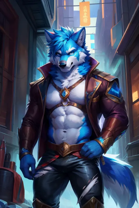 solo,anthro,furry,furry male, Wolf, ((fluffy fur,fluffy,furry body)), (Blue fur, ancient Wolf print), (blue body), Blue mohawk, blue eyes, short messy hair, tail, blue hair, sky blue eyes, detailed fluffy fur, Dark Blue Hoodie detailed face, detailed eyes,...