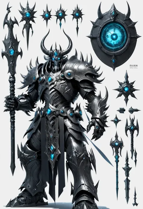 (character design sheet:1.5)，demonic battlefield，mechanical lich king，the lich king&#39;s future weapons，mechanical structure，hi...