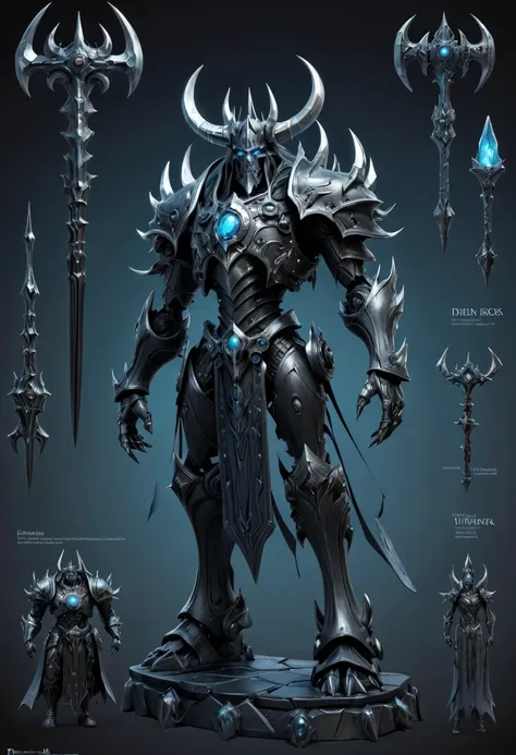 (character design sheet:1.5)，demonic battlefield，mechanical lich king，the lich king&#39;s future weapons，mechanical structure，hi...