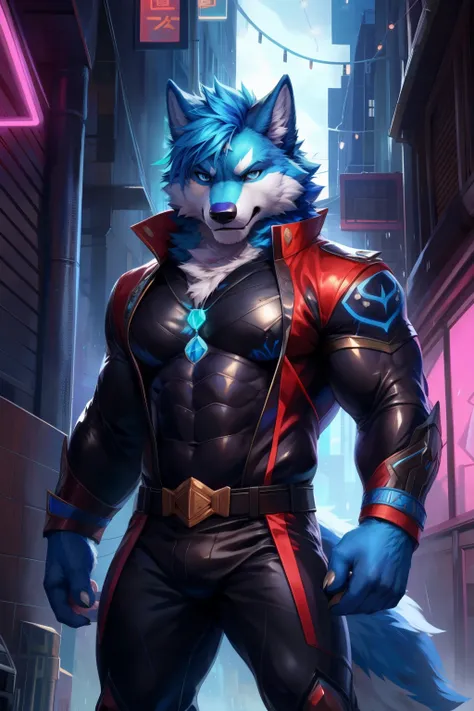 solo,anthro,furry,furry male, Wolf, ((fluffy fur,fluffy,furry body)), (Blue fur, ancient Wolf print), (blue body), Blue mohawk, blue eyes, short messy hair, tail, blue hair, sky blue eyes, detailed fluffy fur, Black Bodysuit, detailed face, detailed eyes, ...