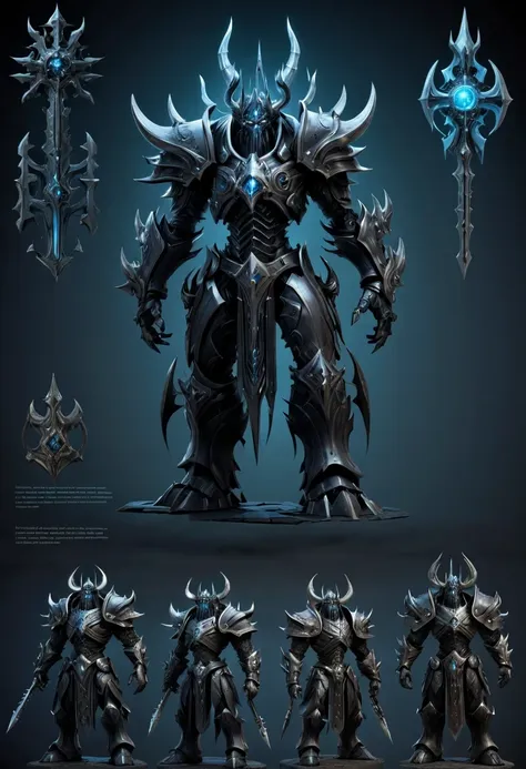 (character design sheet:1.5)，demonic battlefield，mechanical lich king，the lich king&#39;s future weapons，mechanical structure，hi...