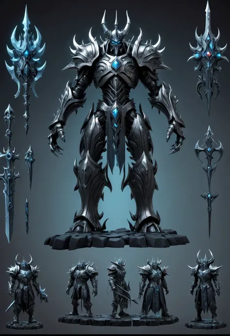 (character design sheet:1.5)，demonic battlefield，mechanical lich king，the lich king&#39;s future weapons，mechanical structure，hi...