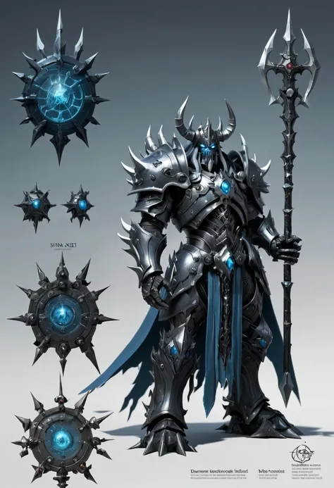 (character design sheet:1.5)，demonic battlefield，mechanical lich king，the lich king&#39;s future weapons，mechanical structure，hi...