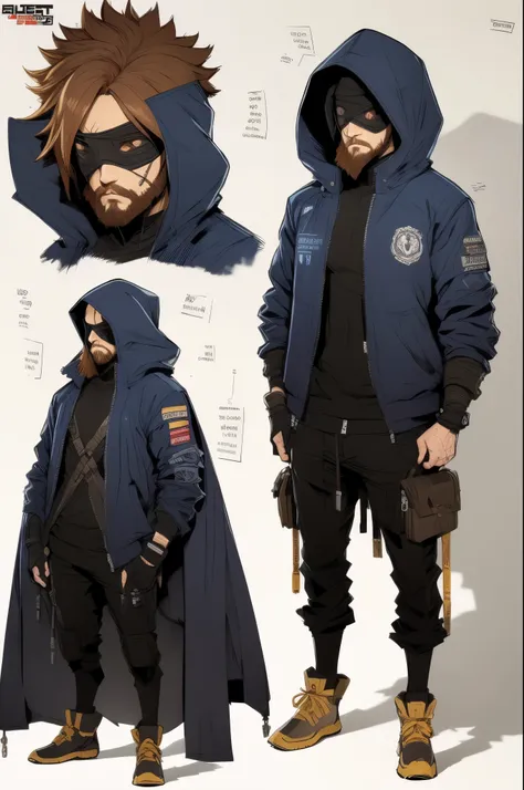 masterpiece, best quality, official art, extremely detailed CG unity 8k wallpaper, elder, detective, thick eyebrows, beard, thinking, short hair, brown hair, eyepatch, gauntlets, hooded cloak, jacket, suit, leather boots