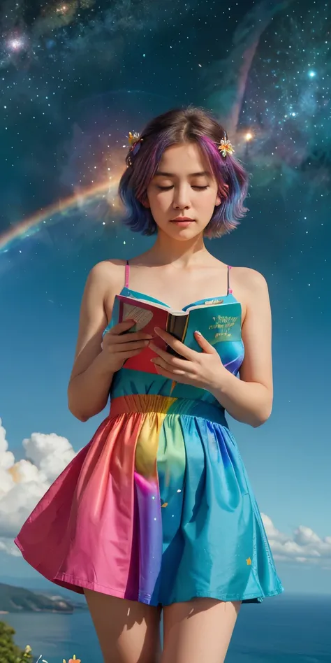 (best quality, masterpiece), 1girl, reading a book, particle, wind, flower, upper body, simple background, looking at viewer, rainbow colored hair, teal short floating dress, cosmic, nebulas, galaxy