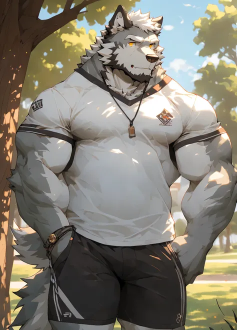 （masterpiece），（very detailed），（best quality），hairy，wolf，gray fur，white hair，golden pupils，muscular，（（casual wear，shorts）），((conv...