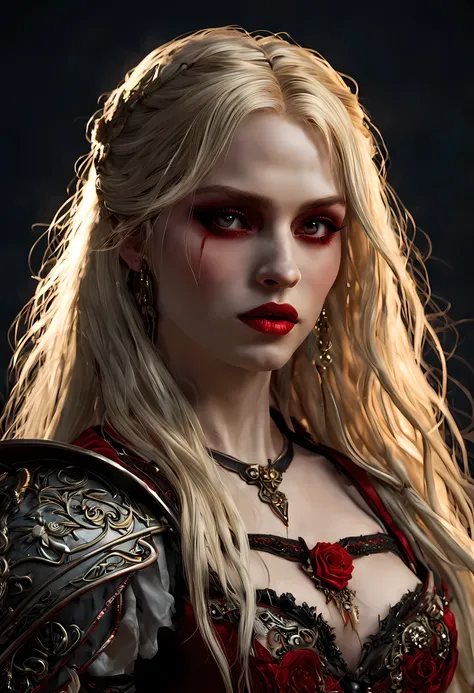 (character design sheet: 1.5) by larry elmor, extremely beautiful female vampire, blond hair, long hair, red eyes, pale skin, we...