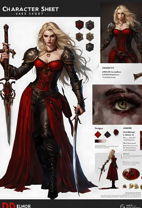 (character design sheet: 1.5) by larry elmor, extremely beautiful female vampire, blond hair, long hair, red eyes, pale skin, wearing intricate dress, holding a (sword: 1.1), high details, best quality, 16k, RAW, [best detailed], masterpiece, best quality,...