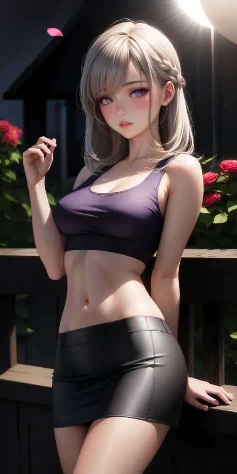 realistic, 1 girl, gray hair, purple eyes, shining eyes, crop top, skirt, parted lips, blush, night, flowers, sun, sunlight,