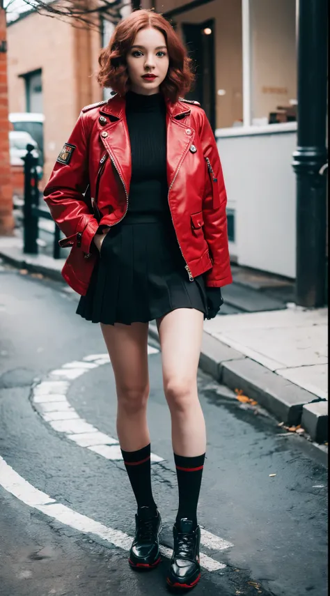 (8k,4k, masterpiece, hyper extreme detailed:1.2), best quality, Emma Myers, Red short wavy hair, jacket, black skirt, glove, black shoes, stands full body