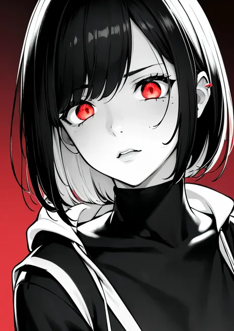best quality, masterpiece,4k 8k wallpaper, 1girl, shorthair, hairpin, hoodie, (((closeup photo))), (((Monochrome:1))), red background, ((looking shy)), looking at viewer, glowing eyes, glow eyes, halfbody