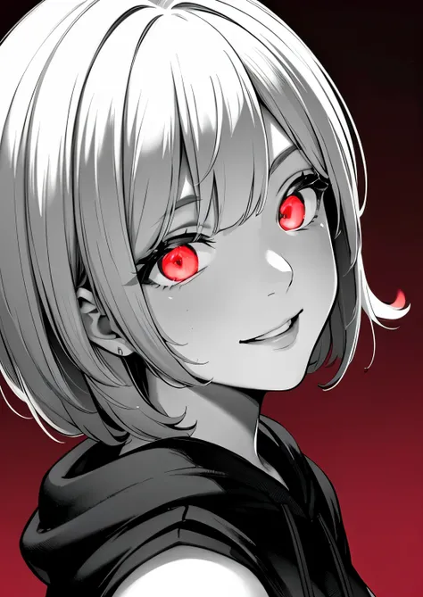 best quality, masterpiece,4k 8k wallpaper, 1girl, shorthair, hairpin, hoodie, (((closeup photo))), (((Monochrome:1))), red background, ((looking smile)), looking at viewer, glowing eyes, glow eyes, halfbody