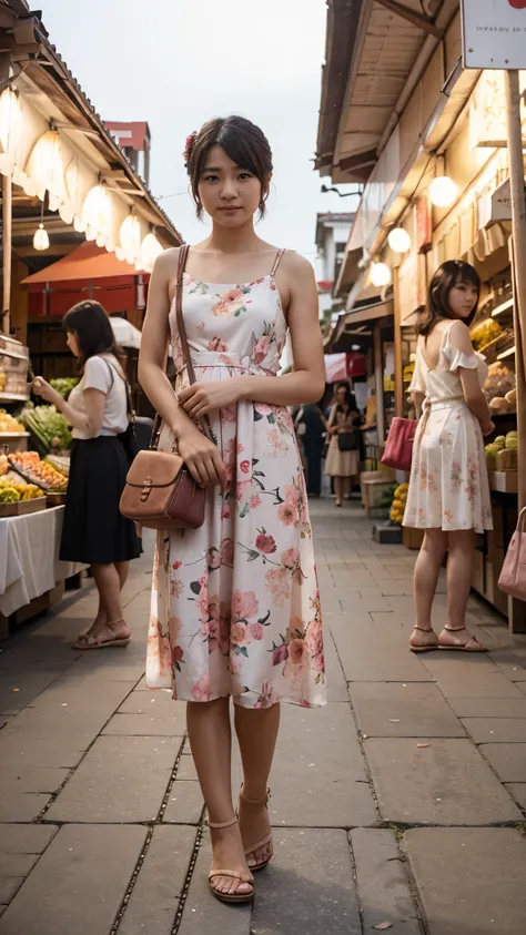 A Japanese boy crossdressing as a woman wearing a long floral dress, womens sandals, and holding a handbag standing in a market with feminine pose and cute expression facing to the camera 