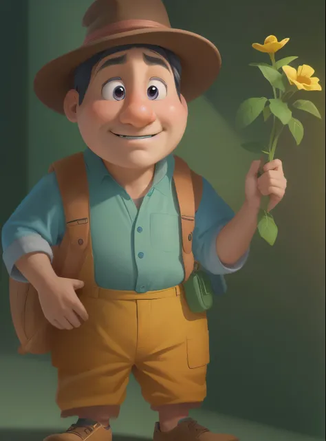 um close up de um personagem de desenho animado segurando uma flor, disney rendering, inspirado em Luigi Kasimir, depicted como um personagem da Pixar, Arnold Maya rendering, Da Disney Pixars Up (2009), arte oficial, arte oficial do personagem, animation c...