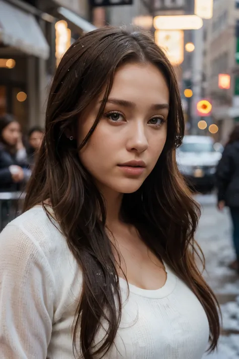 hyper-realistic photo of a beautiful sexy brunette female, detailed face, she has a thin face, stylish clothing, standing on the side walk in new york city with a light snow falling and blanketing the city ((looking into camera)), portrait sophie mudd, thi...