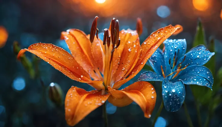 Beautiful realistic girl with BRIGHT WHITE-BLUE long hair ,Close-up of clean skin with detailed skin ,full length,in a short miniskirt,on an orange background ,Against the background of the starry sky,bright makeup,EARRINGS WITH GLITTERS,two-leaf gray flow...