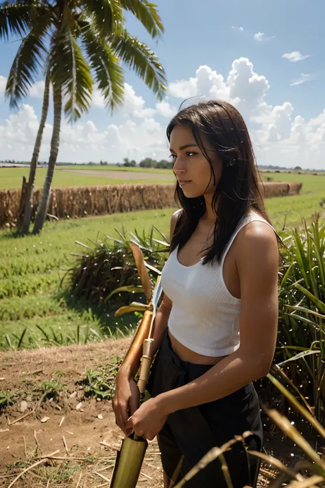 woman in a sugarcane field cutting sugarcane