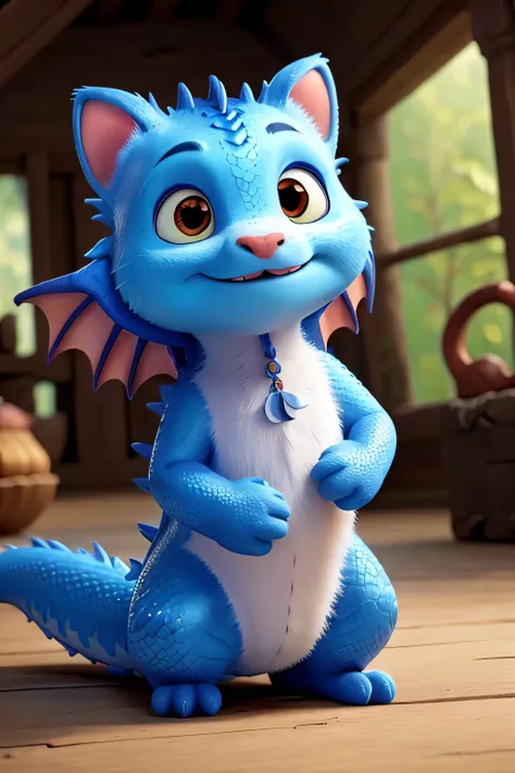 small cute dragon playing with small cute cat 