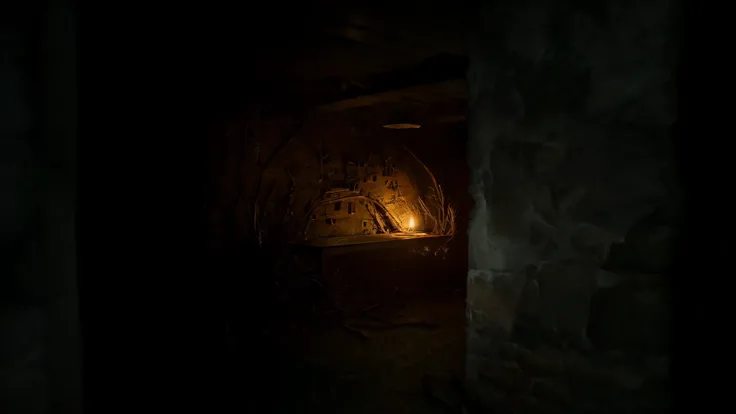 there is a candle that is lit in a escuro room, Catacombs by candlelight, Interior liminar assustador de RE7, dimly lit underground dungeon, 8k. volumetric lighting. escuro, detailed textures and lighting, detailed lighting and textures, Friction games, es...