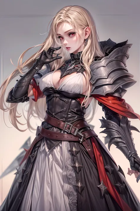 (character design sheet: 1.5) by larry elmor, extremely beautiful female vampire, blond hair, long hair, red eyes, pale skin, wearing intricate dress, holding a (sword: 1.1), high details, best quality, 16k, RAW, [best detailed], masterpiece, best quality,...