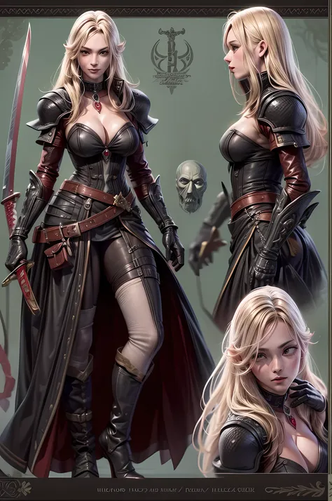 (character design sheet: 1.5) by larry elmor, extremely beautiful female vampire, blond hair, long hair, red eyes, pale skin, we...