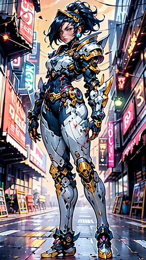 A woman adorned in fantasy-style full-body armor, a crown-concept fully enclosed helmet that unveils only her eyes, a composite layered chest plate, fully encompassing shoulder and hand guards, a lightweight waist armor, form-fitting shin guards, the overa...