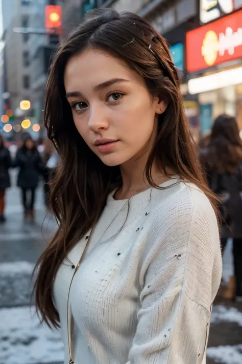 hyper-realistic photo of a beautiful sexy brunette female, detailed face, she has a thin face, stylish clothing, standing on the side walk in new york city with a light snow falling and blanketing the city ((looking into camera)), portrait sophie mudd, thi...