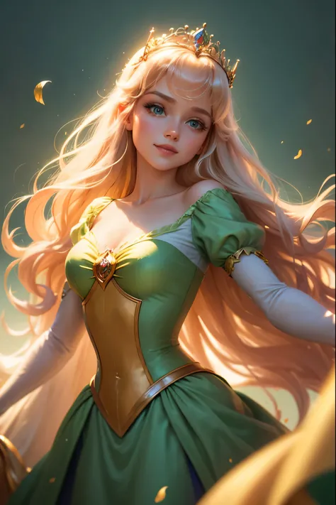 Disney-Pixar style cartoon illustration featuring Princess Aurora in a flowing green silk dress, , fundo vazio amarelo dourado, contato visual direto com um sorriso caloroso, enquadrado centralmente, full-length portrait captured at a low tilt angle, with ...