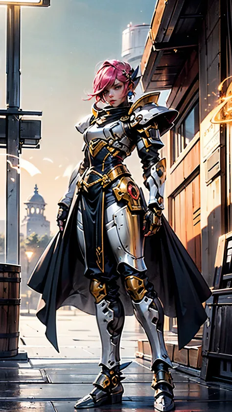 A woman adorned in fantasy-style full-body armor, a crown-concept fully enclosed helmet that unveils only her eyes, a composite layered chest plate, fully encompassing shoulder and hand guards, a lightweight waist armor, form-fitting shin guards, the overa...