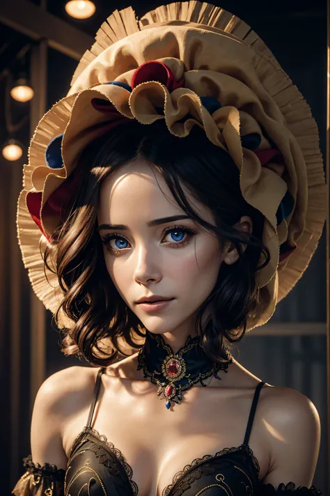 Abigail Spencer,, wearing clown costume transparent. professionally retouched, soft lighting, realistic, smooth face, perfect eyes, sharp focus on eyes, 8 k, high definition, insanely detailed, intricate, elegant. stand for this circus.