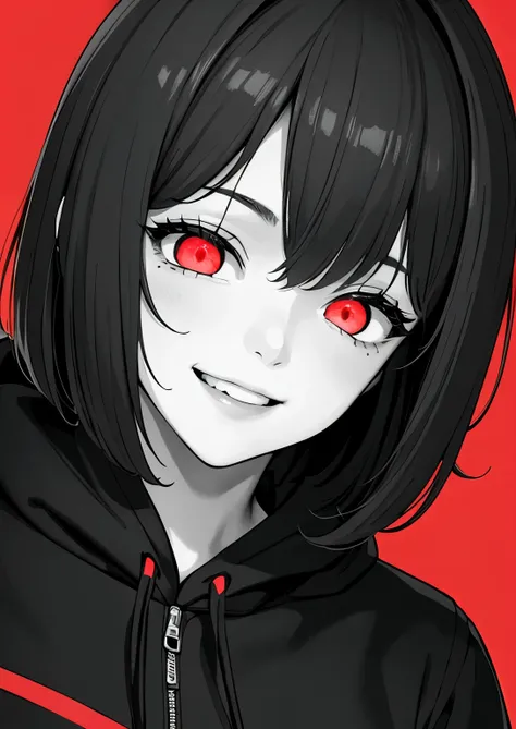 best quality, masterpiece,4k 8k wallpaper, 1girl, shorthair, hairpin, hoodie, (((closeup photo))), (((Monochrome:1))), red background, ((looking smile)), looking at viewer, glowing eyes, glow eyes, halfbody