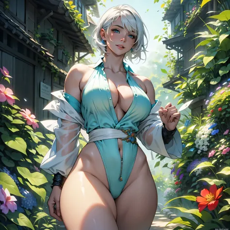 1girl,solo,short hair,blue eyes,white hair,muscular,abs,huge breasts,thick thighs,looking at viewer,pale skin,cleavage,huge ass,from below,illustration,ultra-detailed,realistic,vivid colors,studio lighting,wild garden,flowers in bloom,on a sunny day,carefr...