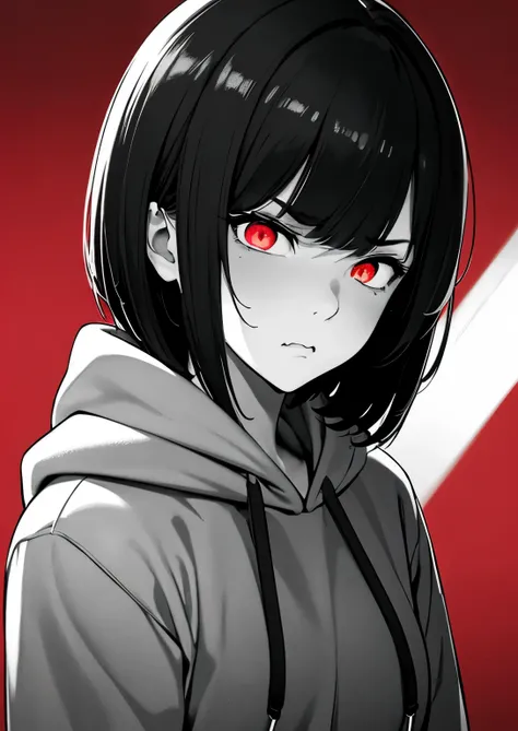 best quality, masterpiece,4k 8k wallpaper, 1girl, shorthair, hairpin, hoodie, (((closeup photo))),  (((Monochrome:1))), red background, ((looking disgusted)), looking at viewer, glowing eyes, glow eyes, halfbody