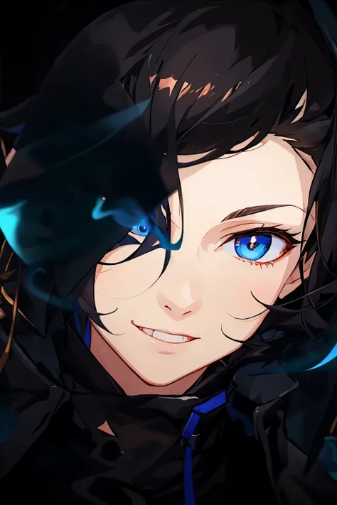 anime boy with blue eyes and black hair in a black outfit, avatar image, yennefer, black - haired mage, (winking), guweiz, crisp clear rpg portrait, from arknights, valentina remenar, [[[[grinning evily]]]], detailed anime, arknights, high detailed)