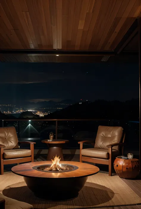 Generate a landscape Zoom background of a living room at the better John Lautner architecture style at night at a sit person level shot