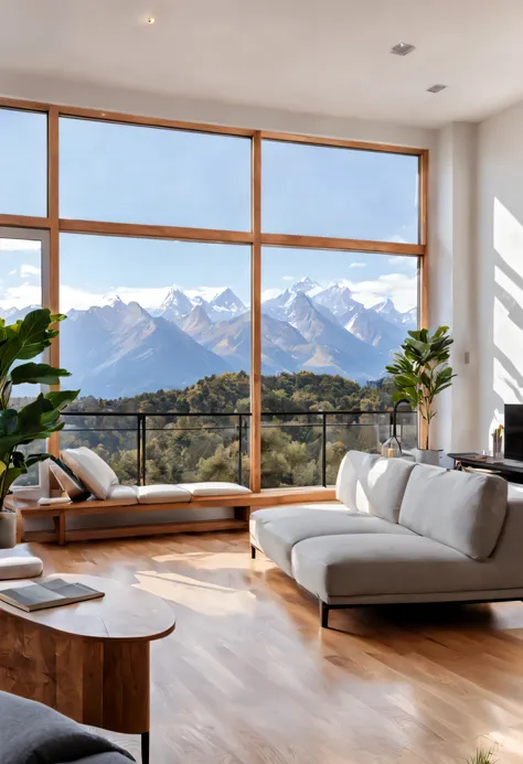 interior de uma sala com janelas amplas, estilo moderno, wood floor, paredes brancas, poucas plantas, livros, modern furniture, com vista para as montanhas