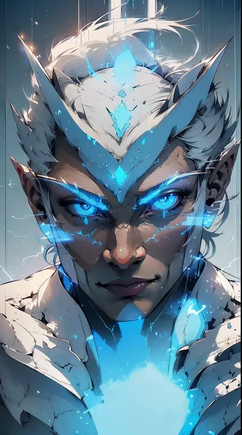 (best quality, highres, ultra-detailed, realistic:1.37), close-up portrait of a handsome man, with bright, shining blue eyes emitting a blue smoke-like aura, cat-like black pupils, spiky snow-white hair that is highly defined and super detailed