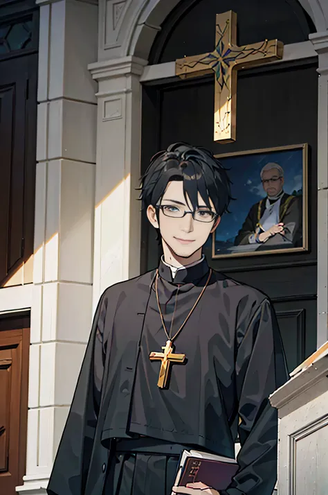 1 boy, youth, eyes staring at the camera, perfect male body, (priest,black clothes, glasses, bible in hand,cross necklace,evil s...