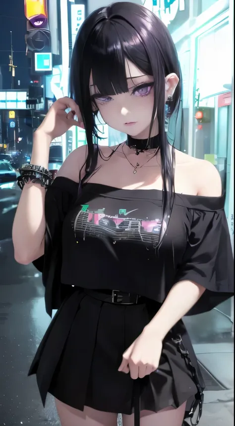 4k-ultra sharp、highest quality, masterpiece, ultra high resolution, (reality: 1.4),  1 girl, purple eyes, off shoulder, cinematic lighting、purple and black hair、(mine girl、mine makeup)、(Pierced ears、big breasts、Oversized black T-shirt with open shoulders、d...