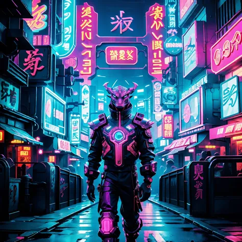 dragon in futuristic style in the cyberpunk city street with neon lights