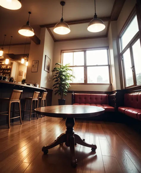 Inside the café, The atmosphere of the cafe is calm, The lighting is warm, and the viewing angle is "fundo da janela."