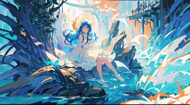 beautiful girl covered by seafoam, long dark hair, beautiful girl sitting in the water, dress made of white seafoam, water nymph...