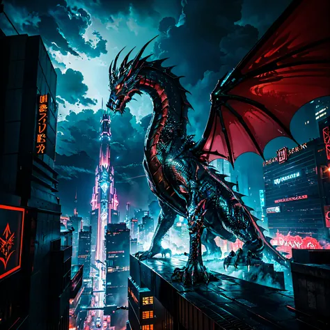 The Dragon,The Dragon в ночном городе,neon lights,Cyberpunk city,futuristic,high-tech,steel buildings,flickering lights,glowing wires,Flying cars in the sky,Holographic advertising,Technological advances,dark figures,frame structures,Bright colors,dazzling...