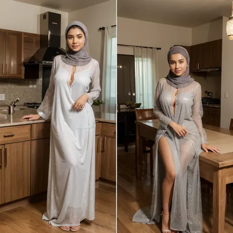 (Best quality, high resolution, masterpiece: 1.3), beautiful Javanese solo Lady in hijab, slim figure, detailed facial and skin texture, detailed eyes, double eyelids, green eyes, long legs, HDR, 8k resolution, nice fingers, brown skin, ((( high detailed s...