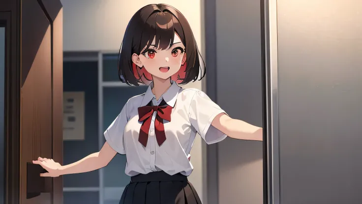 masterpiece, best quality, highres, aarurutie,1girl, standing, , , s, smile,red blush, , open mouth,, best quality, masterpiece, , short_hair, brown_hair, red_eyes, black_hair,school uniform, cute, angry, white shirt, grey short skirt, standing at the door...