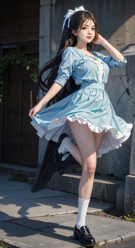 {highest quality}, {masterpiece, 超A high resolution}, (Photoreal:1.4), {{RAW photo}}, {{{A 16-year-old Lolita-like woman poses with her skirt pulled up and one leg raised...:smile：detailed eye：green}}, , {Alice Blue Dress, White socks and black shoes}, whi...