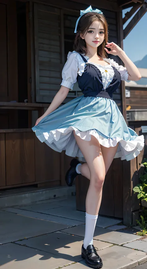 {highest quality}, {masterpiece, 超A high resolution}, (Photoreal:1.4), {{RAW photo}}, {{{A 16-year-old Lolita-like woman poses with her skirt pulled up and one leg raised...:smile：detailed eye：green}}, , {Alice Blue Dress, White socks and black shoes}, whi...