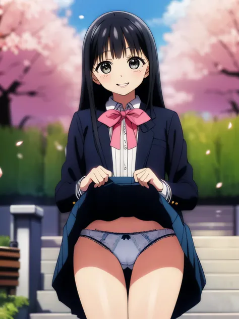 masterpiece,best quality,highres,ultra-detailed,aamio,black eyes,long hair,hime cut,blunt bangs,sakuragaoka high school uniform,school uniform,(blue jacket:1.4),long sleeves,collared shirt,white shirt,neck ribbon,grey skirt,socks,black socks,brown footwear...