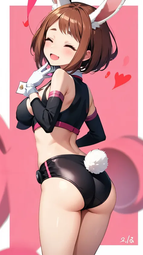 uraraka ochako, General, 1girl, :d, animal ears, uraraka ochako, General, 1girl, animal ears, belly, blush, brown hair, chewing, chinese zodiac, closed eyes, cosplay, crotch, gloves, heart, hip bones, legs, mirko (cosplay), mochi, navel, rabbit ears, rabbi...